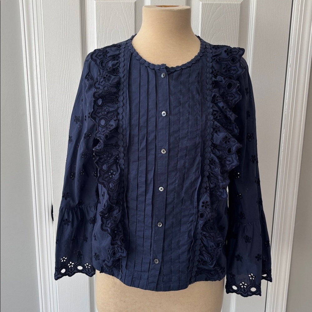 J. Crew ruffle trim eyelet lace top blouse in 💯 cotton sz 8